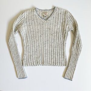 Vintage 90s Speckled Ribbed V-Neck Wool Blend Sweater Cream Grey Blue